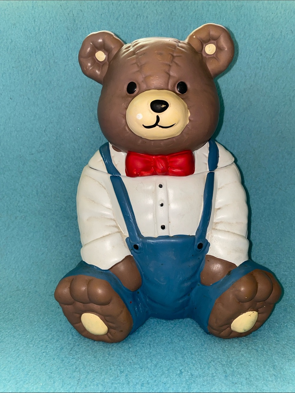 TEDDY BEAR COOKIE JAR vintage made in Taiwan ceramic blue overalls size 11” X 8”